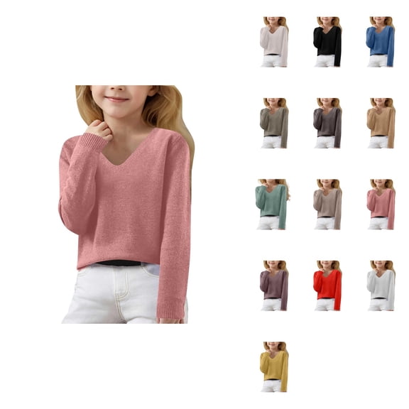 Girls V Neck Knit Pullover Sweater, Long Sleeve Oversized Loose Fit, Soft Comfortable Autumn Winter Casual Wear