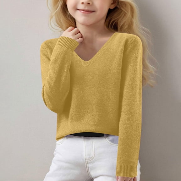 Girls V Neck Sweater Plain Knit Pullover Sweater Long Sleeve Loose Fit Soft Tops Clothes Kids Casual Tops Yellow 140