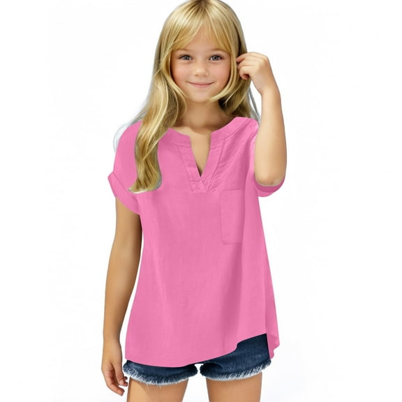 Girls V Neck T-shirts Loose Tunic Tops Summer Casual V Neck Oversized Plain Tshirts Cotton Tees 5-15 Years Old (14 Years, Hot Pink)