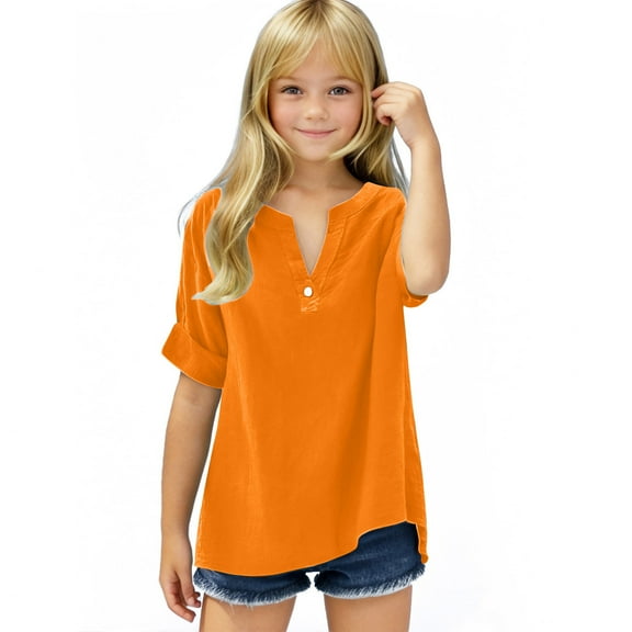 Girls V Neck T-shirts Loose Tunic Tops Summer Casual V Neck Oversized Plain Tshirts Cotton Tees 5-15 Years Old (14 Years, Orange|One-button)