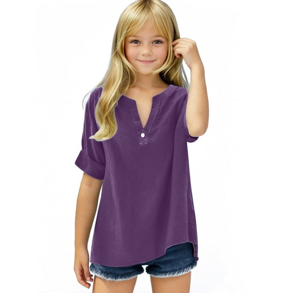 Girls V Neck T-shirts Loose Tunic Tops Summer Casual V Neck Oversized Plain Tshirts Cotton Tees 5-15 Years Old (14 Years, Purple|One-button)