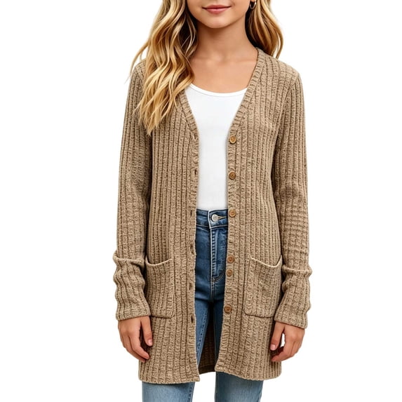 Girls V Neck Vertical Rib Knit Long Cardigan, Button Front Long Sleeve Sweater Coat with Pockets, Soft Stretchy Outerwear Khaki 120(120)