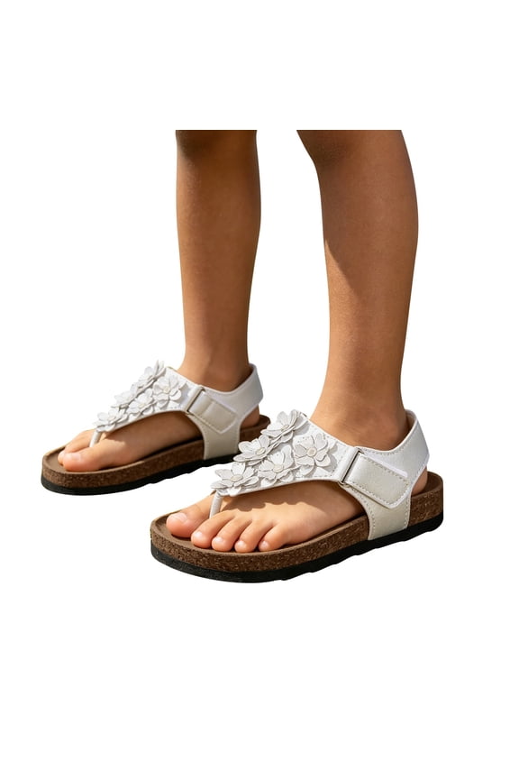 Girls Vacation Flower Flat Sandals Thong Sandals With Adjustable Strap Kids Summer Footwear 4-13 Years