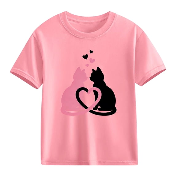 Girls Valentine Cat Heart Tee Pink Kids T-Shirt Soft Cotton Short Sleeve Top Cute Graphic Crewneck Animal Shirt,Size 4 T