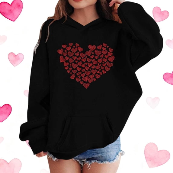 Girls Valentine Heart Print Hoodie Kids Cute Oversized Pullover with Pocket 3-4 5-6 7-8 9-10 11-12 13-14 Years Black,Size 5-6 T
