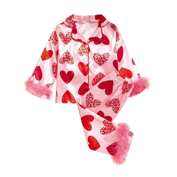 Girls Valentine Pajamas Cute Printed Fashion Long Sleeve Shirts and Longs Nightwear Set Silk Button-Down Home Outfit Set Two-Piece Pj Sleepwear Sets Red,5-6 Years