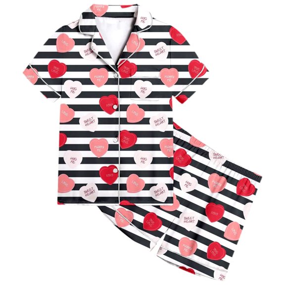 Girls Valentine Pajamas Size 8 Heart Print Short Sleeve Pjs Silk Tops and Shorts Funny Button Down Pjs Set Girls' Sleepwear 2 Piece Satin Pajama Sets 4-5 Years
