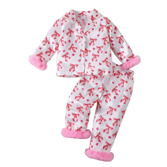 Girls Valentine Pajamas Size 8 Silk Button-Down Long Sleeve & Long Pants Outfit Cute Printed Trendy Home Outfit Set 2 Piece Summer Pajama Outfits Pink,6-7 Years