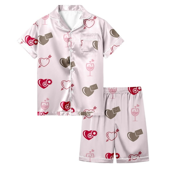 Girls Valentine Pajamas Size 8 Silk Button-Down Short Sleeve & Short Pants Outfit Heart Printed Funny Home Clothes Two-Piece Pj Sleepwear Sets 6-7 Years