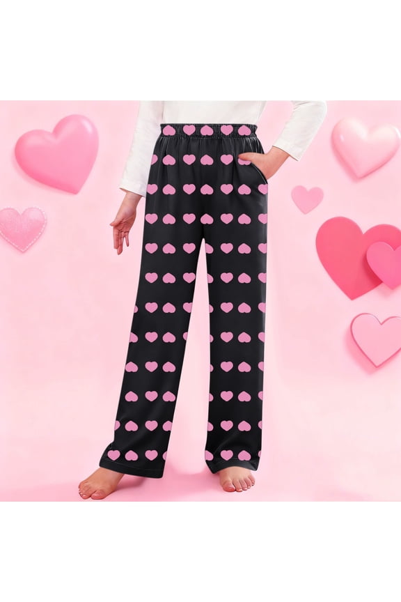 Girls Valentine Pants Watermelon Red Heart Print, Cozy Fleece Lounge Pants with Pockets for Kids & Teens,Size 5-6 T