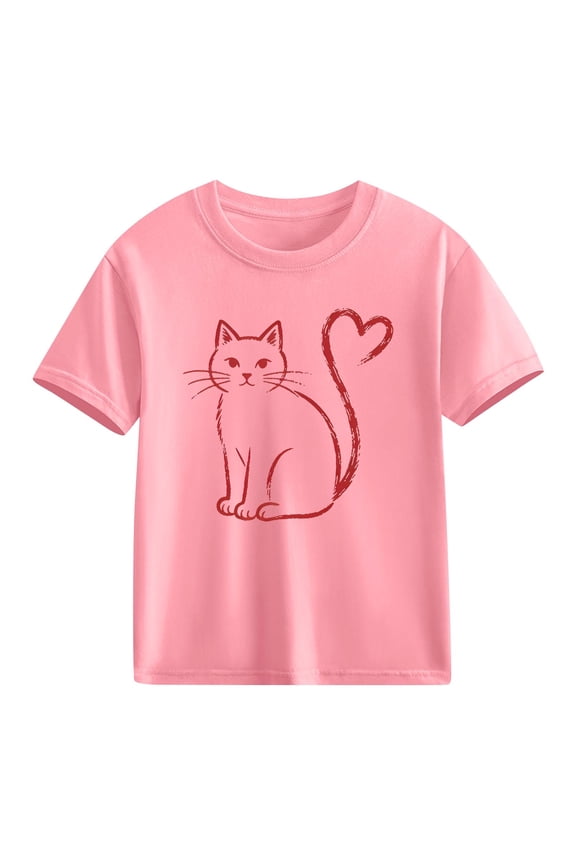 Girls Valentine's Day Cat T-Shirt Heart Tail Graphic Kids Short Sleeve Cotton Tee Cute Casual Soft Shirt for Kids Playdate Everyday Pink,Size 4 T