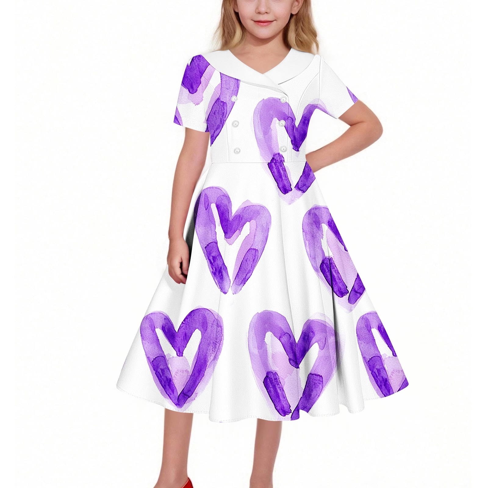 Girls' Valentine's Day Dress Printed Peter Pan Collar Retro Dress Short Sleeve Cute Dance Dress for Romantic Celebrations (5-14 Years)