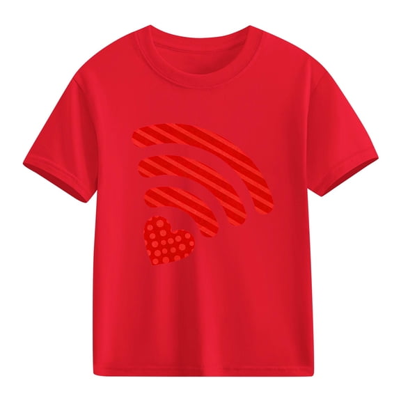 Girls Valentine's Day Graphic T-Shirt | Red 100% Cotton Short Sleeve Tee with WiFi Heart | Soft Casual Kids Top (Sizes 4-10),Size 4 T