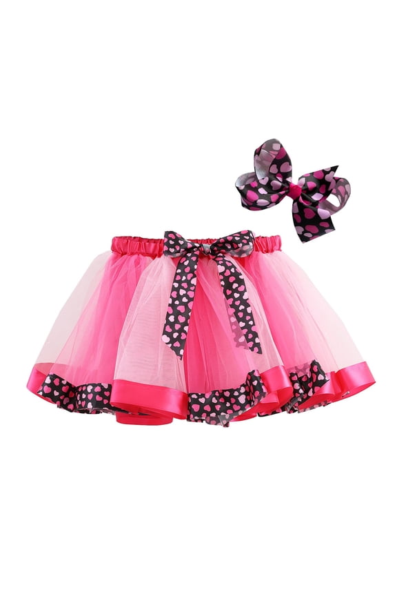 Girls Valentine's Day Heart Print Tutu Skirt with Bowknot Layered Party Skirt for Toddler Kids Celebration and Play Hot Pink 2 Years-4 Years