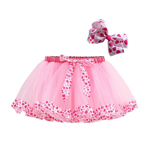 Girls Valentine's Day Heart Print Tutu Skirt with Bowknot Layered Party Skirt for Toddler Kids Celebration and Play Pink 2 Years-4 Years