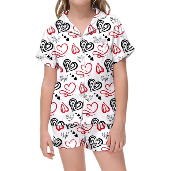 Girls Valentine's Day Printed Lapel Short Sleeve Top Comfortable Shorts Pajamas Set Comfortable Breathable Home Wear Pajamas Silky Short Sleeve Long Pants Cute Jammies Satin Sleepwear Pjs Set