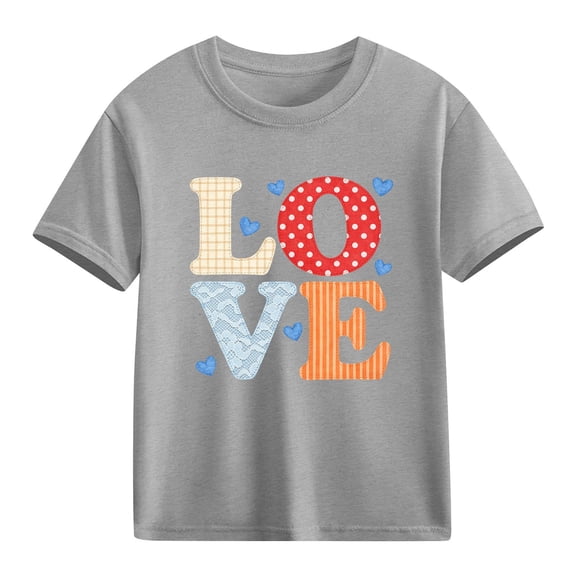 Girls' Valentine's Day Shirt Cute Love Heart Graphic Short Sleeve Tee Soft Cotton Top for Kids Girls 4-10 Years Gray,Size 5 T