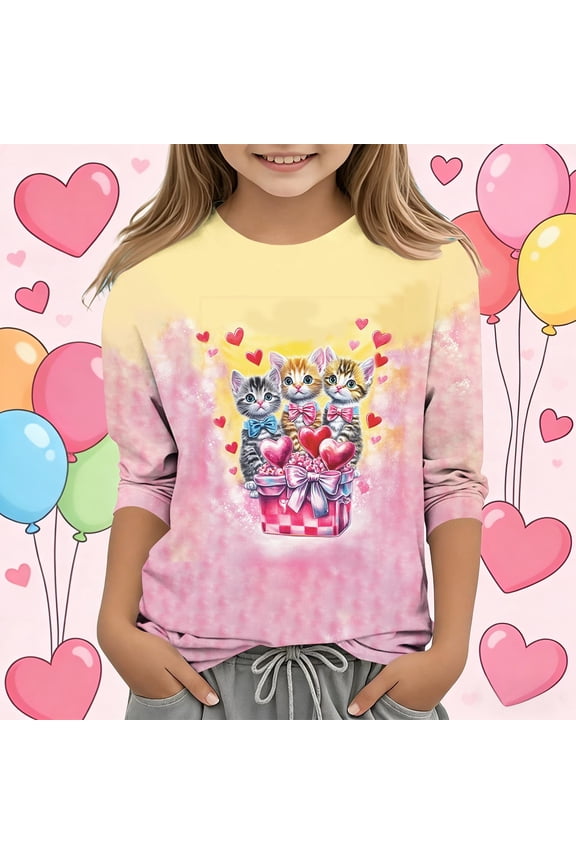 Girls Valentine's Day Shirt Long Sleeve Pink Ruffle Trim Cotton Top for Kids Kids 4-14 Years Soft Holiday Party Blouse,Size 5 T