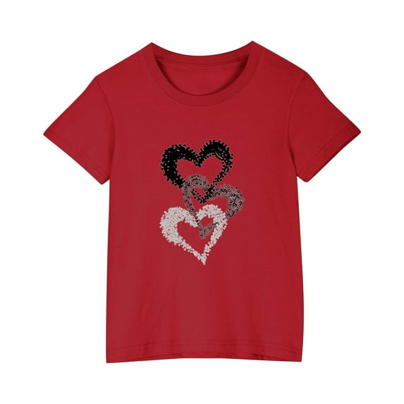 Girls Valentine's Day Shirt Short Sleeve Heart Printed Graphic Tops for Girl Summer Cotton Casual Loose Fit T-Shirt (Red 7 Years)
