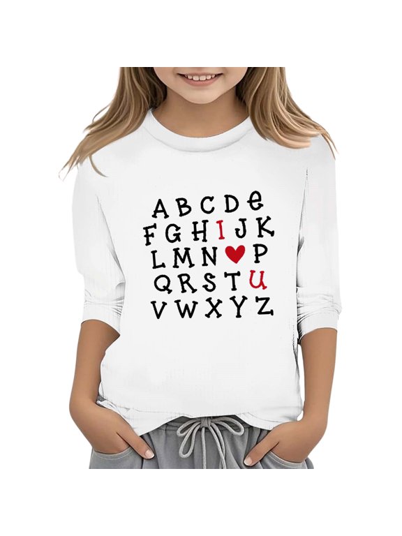 Girls' Valentine's Day Shirts Print Fashion Functional Crew Neck 3/4 Quarter Sleeve Casual T Shirt Top Kids Shirts for Girls Fashion Clothing