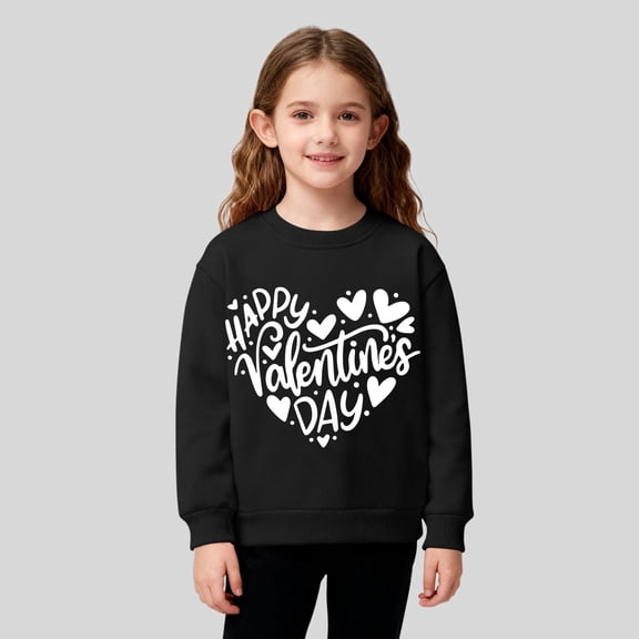 Girls Valentine's Day Sweatshirt, Black Heart Graphic Crewneck Pullover for Girls Ages 2-12,Size 7-8 T