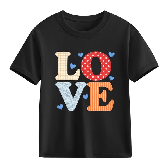 Girls Valentine's Day T-Shirt Love Graphic Short Sleeve Soft Cotton Tee Top for Kids 4-10 Years Black,Size 7 T
