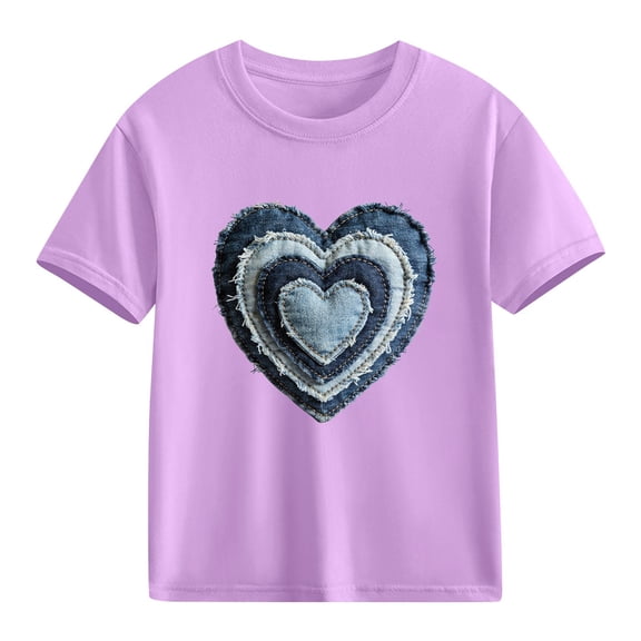 Girls Valentine's Day T-Shirt Purple Kids Heart Shirt Layered Denim Short Sleeve Top Soft Cotton Casual,Size 4 T