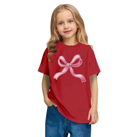 Girls' Valentine's Day T-Shirt Short Sleeve Crew Neck Graphic Tee Top Bow Print Cute Casual Shirt (3-14 Years)