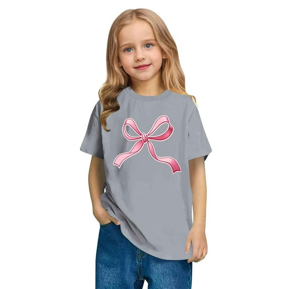 Girls' Valentine's Day T-Shirt Short Sleeve Crew Neck Graphic Tee Top Bow Print Cute Casual Shirt (3-14 Years)