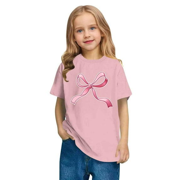 Girls' Valentine's Day T-Shirt Short Sleeve Crew Neck Graphic Tee Top Bow Print Cute Casual Shirt (3-14 Years)