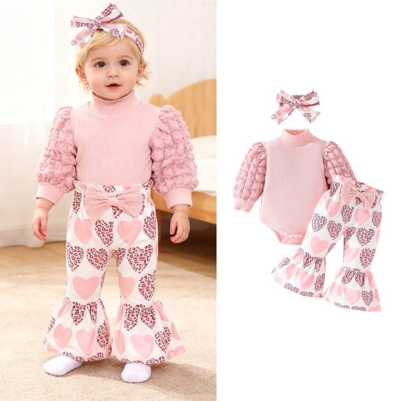 Girls Valentines Day Outfit Long Sleeve Heart Print Romper Bodysuit Flare Pants and Headband Set Cute Baby Girl Clothes Baby Girl 12-18 Months Outfits