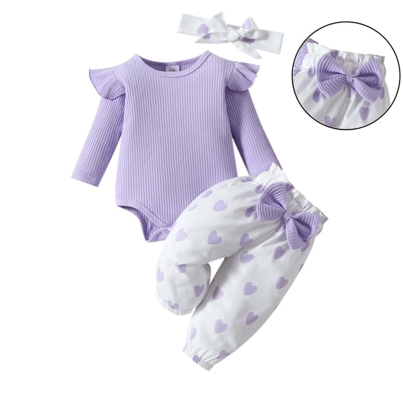 Girls Valentines Day Outfit Long Sleeve Heart Print Ruffle Romper Bodysuit Pants and Headband Set Cute Girl Outfits Girl Outfit 6-9 Months