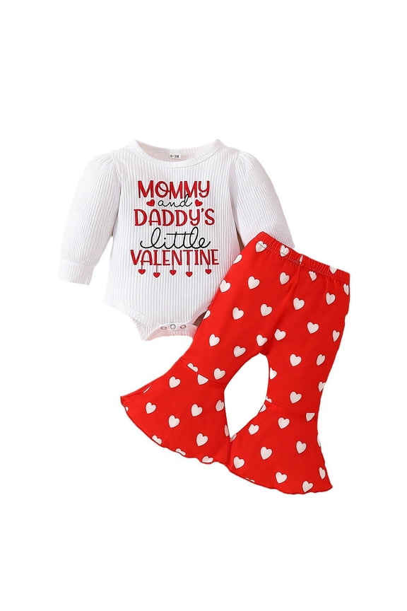 Girls Valentines Day Outfit Long Sleeve Ribbed Bodysuit Heart Print Flared Pants Headband Three Piece Set Clothes