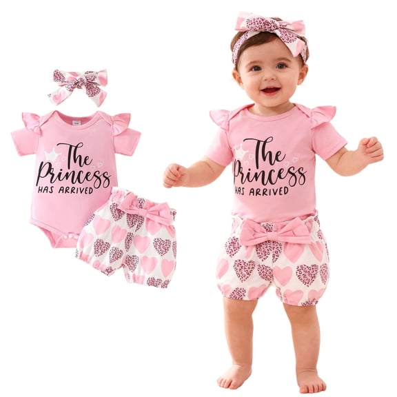 Girls Valentines Day Outfit Short Sleeve Letter Print Romper Bodysuit Shorts and Headband Set Cute Girl Outfits Outfit 6-9 Months