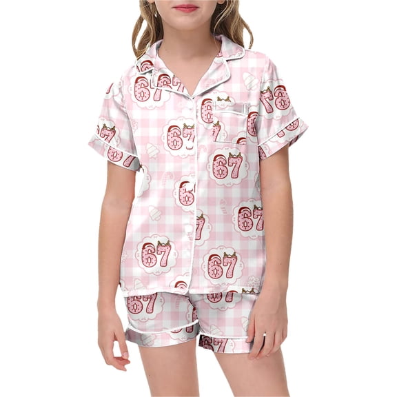 Girls Valentines Day P𝙖𝙟𝙖𝙢𝙖s Button Front Cartoon Print Short Sleeve Loungewear Clothes Set Trendy Home Outfit Set 2 Piece Outfits for Girls