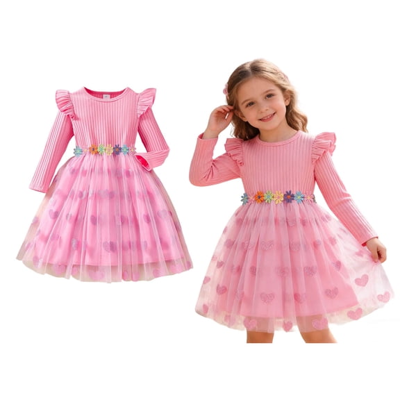 Girls Valentines Dress Long Sleeve Tutu Dress Girls Ruffle Tulle Dresses Spring Dresses 6-7 Years Girls Dresses