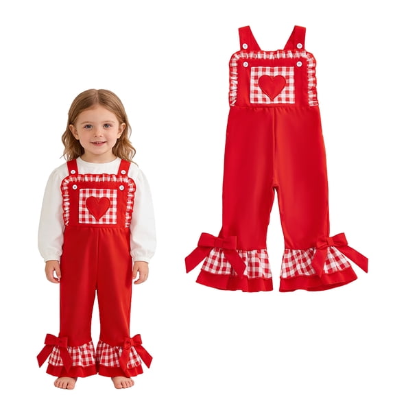 Girls Valentines Jumpsuits Heart Embroidery Sleeveless Overalls Flared Legs Pants Little Girl Clothes 4-5 Years