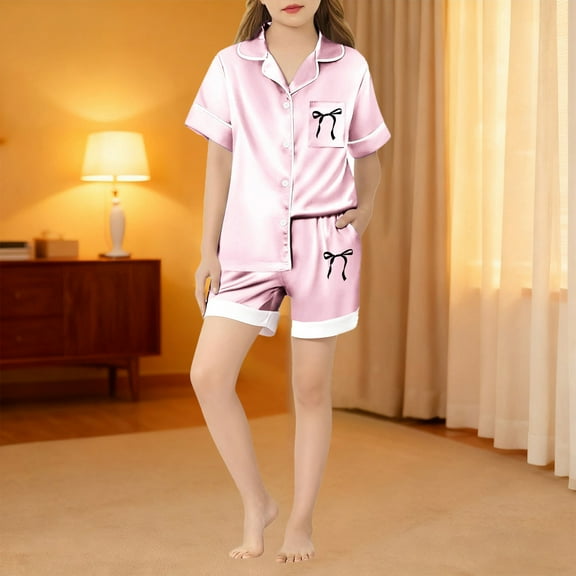 Girls Valentines Pajamas Kids Satin Pajama Set Silk Pjs Short Sleeve Sleepwear 2 Pc Button Down Pjs Bow Top Shorts Lounge Sets Summer Fall Baby Clothes Birthday Carnival Gifts Light Pink,110=2-3Y
