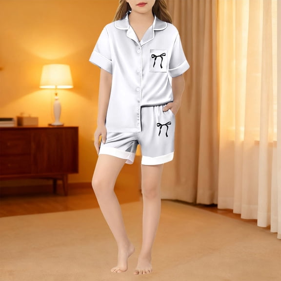 Girls Valentines Pajamas Kids Satin Pajama Set Silk Pjs Short Sleeve Sleepwear 2 Piece Button Down Pjs Bow Top Shorts Lounge Sets Summer Fall Baby Clothes Birthday Carnival Gifts 3-14Y White,110=2-3Y