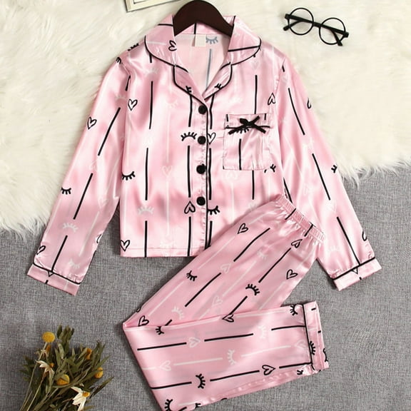 Girls Valentines Pajamas Silk Pjs Set Satin Sleepwear Long Sleeve Jammies Button Down Nightwear Loungewear Top Pants 2 Pc Pajama Sets Baby Clothes Birthday Gifts For Grandkids 8-12Y Pink,10Y