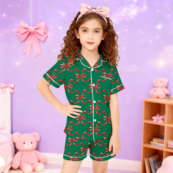Girls Valentines Print Pajama Short Sleeve Button Shirt Shorts Soft Casual Comfortable Playwear Kids Two Piece Outfits Green 4-5 Y
