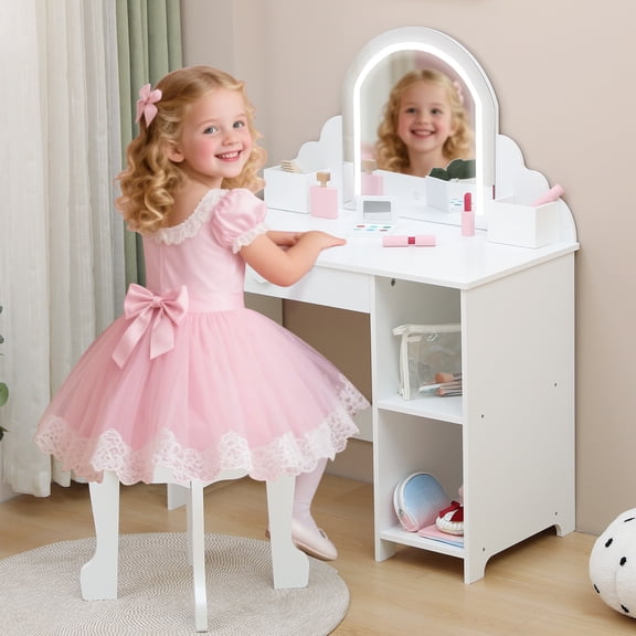 Girls Vanity Set with Chair and Lighted Mirror - Kids Makeup Vanity for Ages 3-9, Sturdy Engineered Wood Vanity Table with Storage, 3 Lighting Modes