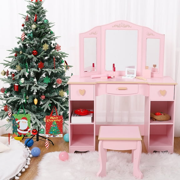 Girls Vanity Sets with Mirror, Drawer, Chair, Princess Makeup Dressing Table, Perfect Gifts for Kids