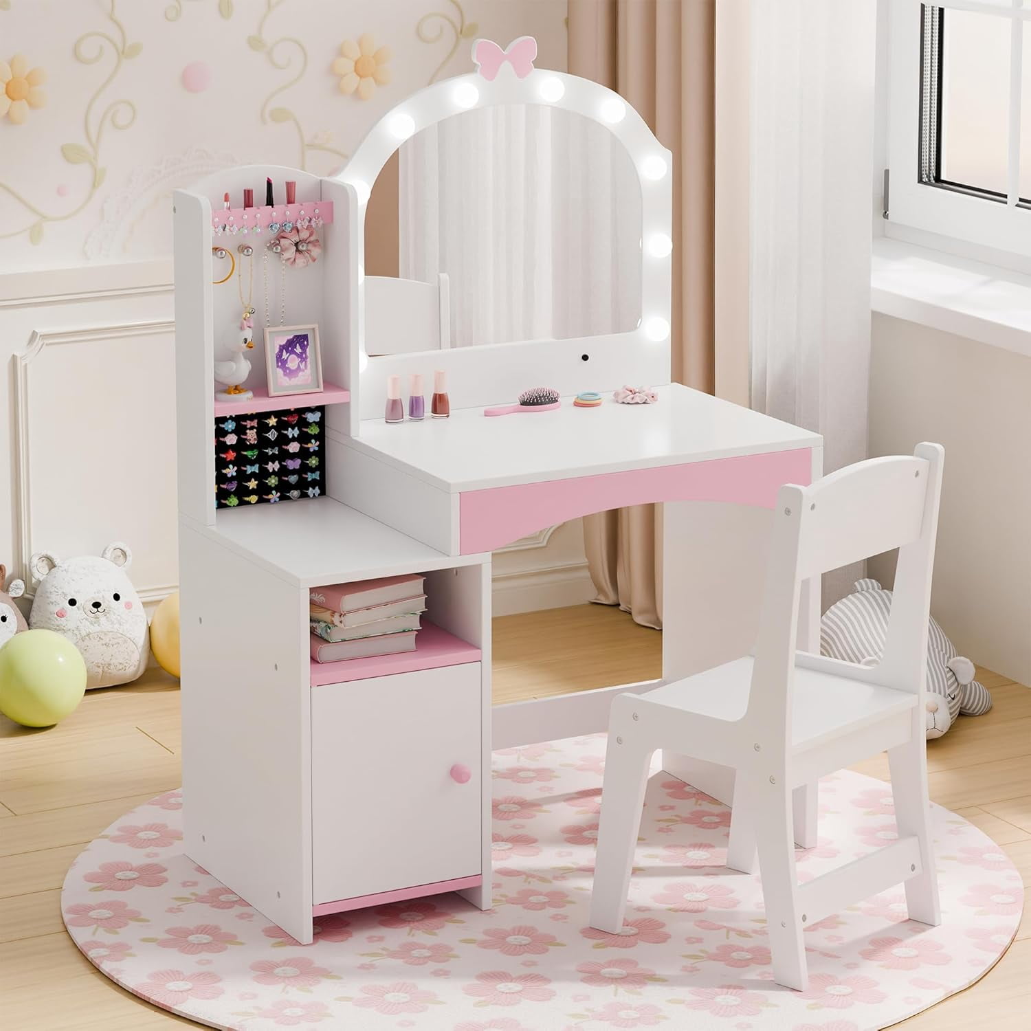 Girls Vanity Table and Chair Set, Kids Vanity with Jewelry Organizer