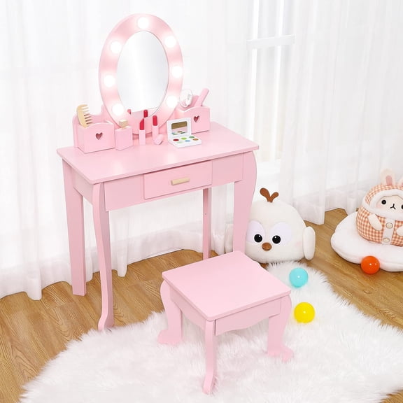 Girls' Vanity Table and Chair Set, Kids Makeup Dressing Table with Lights & Wood Makeup Playset, Pink