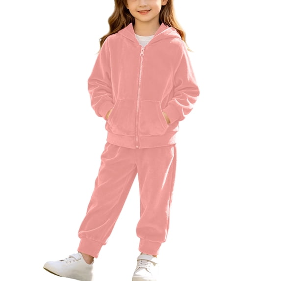 Girls Velour Full-Zip Hoodie & Jogger Pants 2-Piece Set, Soft with Pockets, Pink,Size 7 T