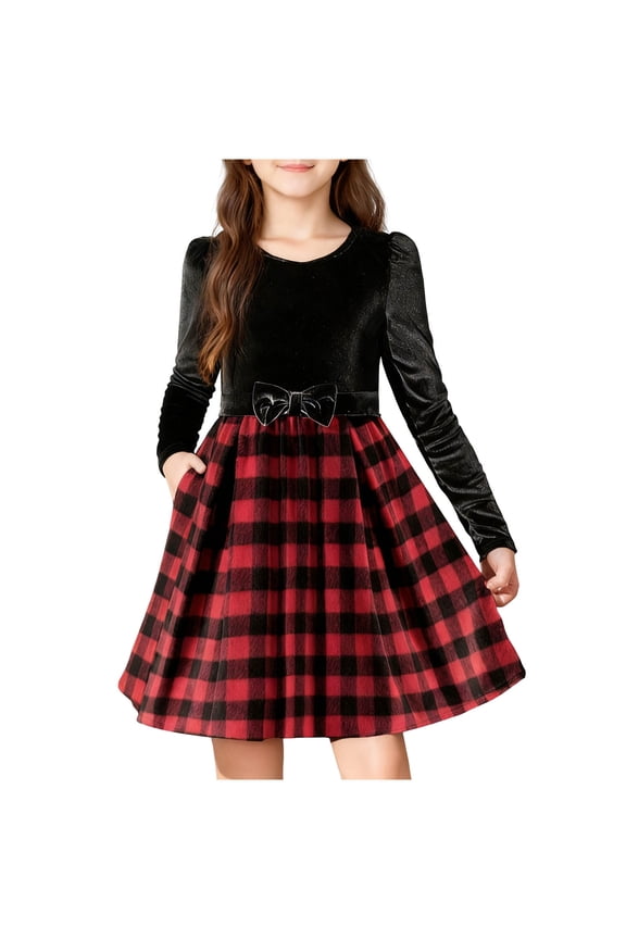 Girls Velour Long Sleeve Dresses Kids Christmas A-line Princess Dress Plaid Patchwork Holiday Party Dress with Pockets