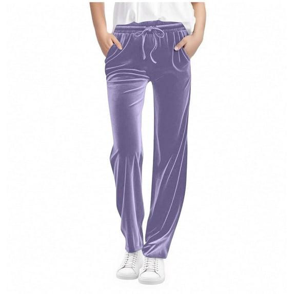 Girls Velour Pants Soft Stretchy Straight Leg Sweatpants Athletic Track Casual Loungewear Trousers with Pockets Jogger Running Pants Purple 170