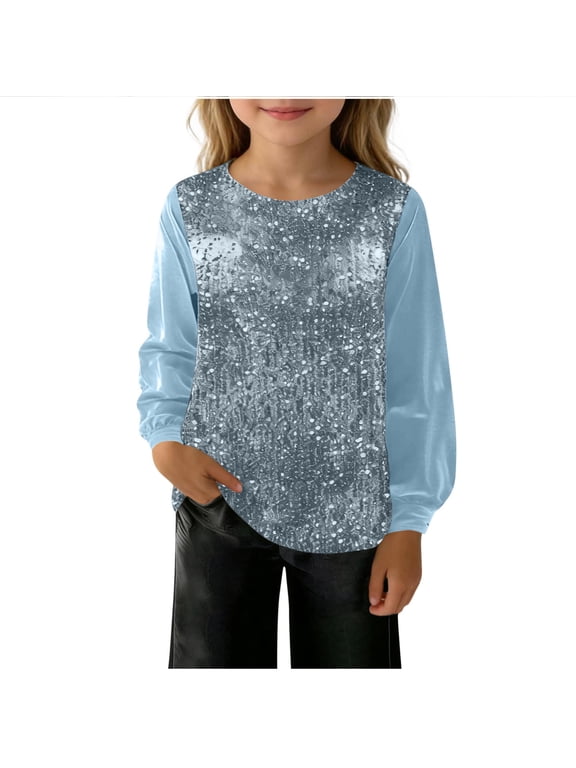 Girls' Velour Sequin Top (5-14Y) - Long Sleeve Crew Neck Sparkly Blouse Cute Casual Shirt for Party