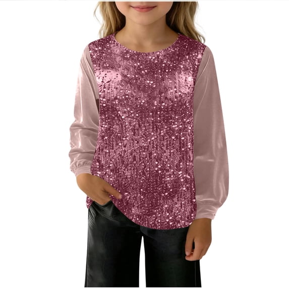 Girls' Velour Sequin Top (5-14Y) - Long Sleeve Crew Neck Sparkly Blouse Cute Casual Shirt for Party